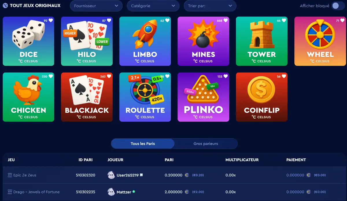 celsius casino catalogue de machines à sous et jeux en direct